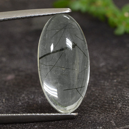 Clear with Black Rutile Quartz Gem - 8.5ct Oval Cabochon (ID: 439300)