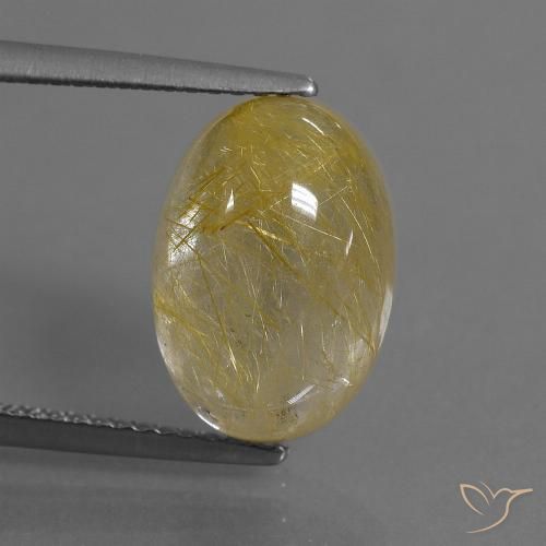Quartz Rutile Doré oval cabochon de l'Inde, 13,1 x 9,1mm, poids de 5,47 ct, pierre gemme naturelle Non traité de pureté Transparent, 1 pièce Quartz Rutile, couleur Doré jaunâtre, dureté Mohs de 7 convient aux bijoux de tous les jours, pierre de sagesse, Photo A