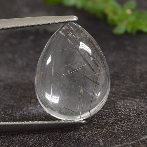 Clear with Black Rutile Quartz Gem - 6.6ct Pear Cabochon (ID: 449008)