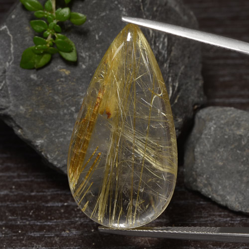 Pale Yellow Rutile Quartz Gem - 32.3ct Pear Cabochon (ID: 476630)