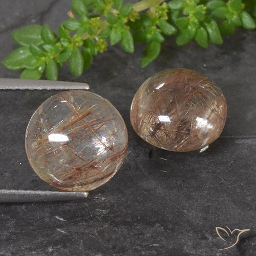 Matching Pair of 10.1mm Round Cabochon Orange Rutile Quartz, Weight of 7.2ct total / avg. 3.6ct each, Matching Rutile Quartz Pair in Transparent Clarity in Deep Reddish Orange Color, Natural untreated gemstone, Mohs Hardness 7 suitable for daily wear jewelry, Photo A