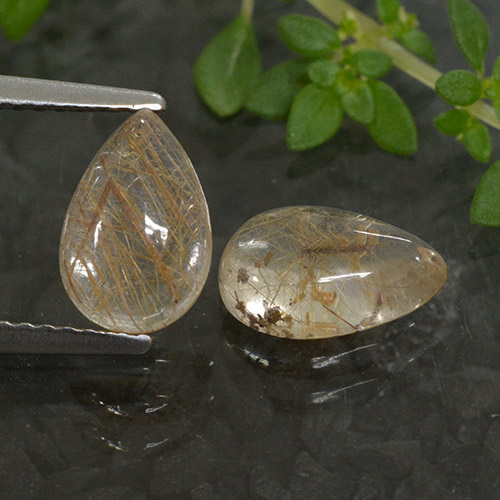 Very Light Golden-Brown Rutile Quartz Gem - 1.4ct Pear Cabochon (ID: 493676)