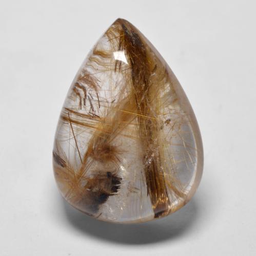 19.6 x 14.7mm Pear Brown Rutile Quartz from India, Weight of 14.81ct, Natural untreated Gemstone in Translucent Clarity, 1pc Pear Cabochon Rutile Quartz - Color: Clear With Brown, Mohs Hardness of 7 suitable for daily wear jewelry, Photo A