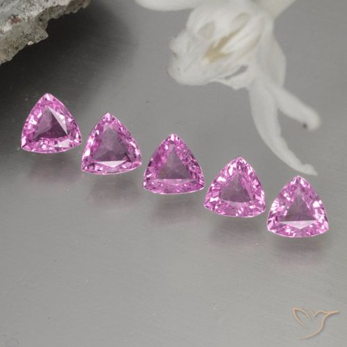 5pc Trillion Light Pink Sapphire Lot from Tanzania - Weight 1.2ct total / avg. 0.24ct each, Size 4.1 x 3.9mm, Color: Light Pink, Mohs Hardness 9 suitable for daily wear jewelry, Thursday Gemstone, Photo A
