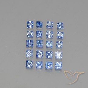 20-teiliges quadratischer blauer Saphir / Set aus Madagaskar - Gewicht 2,27 ct gesamt / Durchschn. je 0,11 ct, Größe 2,4 x 2,4mm, Farbe: Pastellblau, Mohs-Härte 9 Geeignet für den täglichen Gebrauch im Schmuck, September Geburtsstein, Photo A