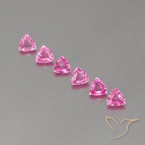 6pc Trillion Facet Pink Sapphire Lot from Madagascar - Weight 1.67ct total / avg. 0.28ct each, Size 4.1 x 4.1mm, Color: Deep Pink, Mohs Hardness 9 suitable for daily wear jewelry, Traditional April Birthstone, Photo A