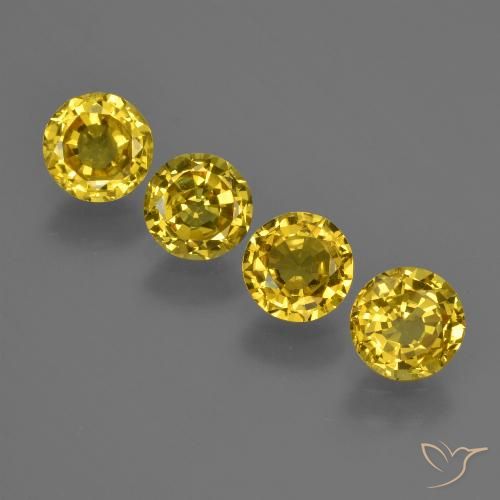 4pc Round Facet Yellow Sapphire Lot from Thailand - Weight 2.87ct total / avg. 0.72ct each, Size 5.4 x 3mm, Color: Light Honey Yellow, Mohs Hardness 9 suitable for daily wear jewelry, September Birthstone, Photo A