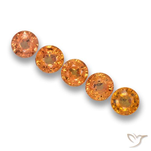 5 Stück 4,9mm runder Saphir / Set - 2,95 ct Gesamtgewicht / Durchschn. je 0,59 ct, Farbe: Mittelorange, Mohs-Härte 9 Geeignet für den täglichen Gebrauch im Schmuck, Sternzeichen Stier, Photo A