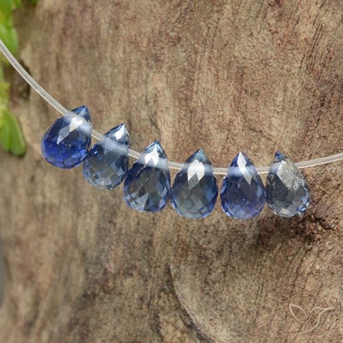 6 Stück briolette-schliff blauer Saphir Set aus Madagaskar - Gewicht 1,2 ct total / Durchschn. je 0,2 ct, Größe 3,8x2,5 mm, Farbe: Mittleres Dunkelblau, Mohs-Härte 9 Geeignet für den täglichen Gebrauch im Schmuck, Symbolisiert Überfluss und Wohlstand, Photo A