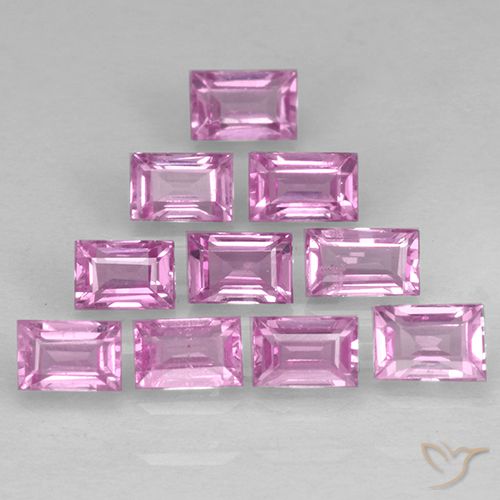 10-teiliges baguetteschliff rosa Saphir / Set aus Madagaskar - Gewicht 1,1 ct gesamt / Durchschn. je 0,11 ct, Größe 3,2 x 2,1mm, Farbe: Helles Royal Lila Pink, Mohs-Härte 9 Geeignet für den täglichen Gebrauch im Schmuck, Edelstein für Donnerstag, Photo A