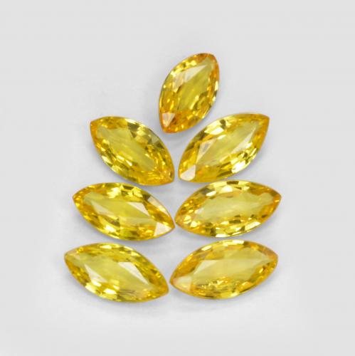 Lote de 7 piezas de Zafiro Amarillo medio Marquesa de Tanzania - Peso 1,18 ct en total / promedio. 0,17 ct cada uno, Tamaño 5 x 2,6mm, Color: Amarillo medio, Dureza Mohs 9 Adecuado para joyas de uso diario, Jueves de piedras preciosas, Photo A
