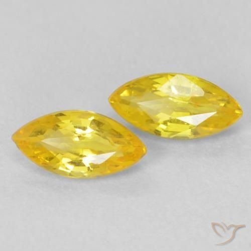 5.1 x 2.9mm Matching Marquise Sapphire Pair - Weight 0.42ct total / avg. 0.21ct each, Medium Yellow Color in VVS-VS Clarity, Natural Gemstone, Mohs Hardness 9 suitable for daily wear jewelry, Thursday Gemstone, Photo A
