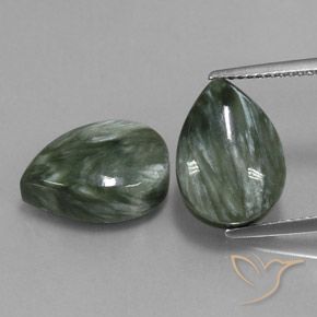2 Seraphinites Poire assorties de 14,1 x 10,1mm, poids total de 11,9 ct / moyenne de 5,95 ct chacune, Vert multicolore à pureté Opaque , pierre gemme naturelle Non traité, dureté Mohs de 2 à 4, Photo A