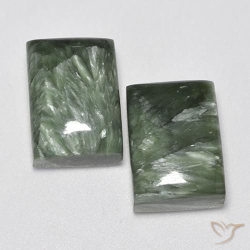 2 Seraphinites Baquette assorties de 14 x 10mm, poids total de 17,19 ct / moyenne de 8,6 ct chacune, Vert moyen à pureté Opaque , pierre gemme naturelle Non traité, dureté Mohs de 2 à 4, Photo A