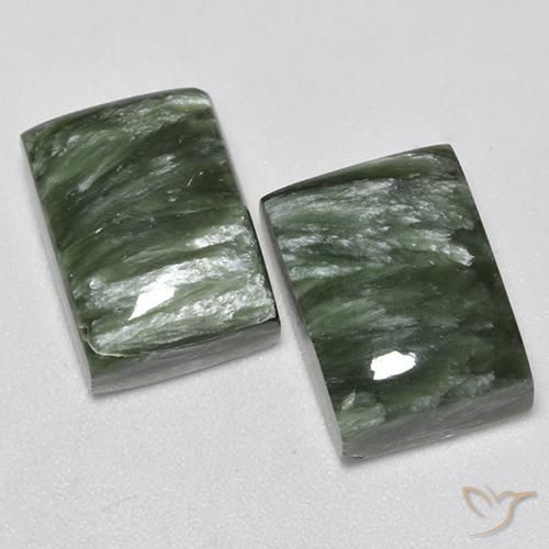 Paire Seraphinite Baquette 14,2 x 10,1mm - Poids total 16,83 ct / moyenne 8,42 ct chaque, pierre gemme naturelle Non traité, couleur Vert moyen avec pureté Opaque , dureté Mohs 2 à 4, Photo A