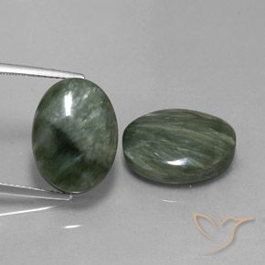 2 Seraphinites Ovale assorties de 16 x 11,9mm, poids total de 18,22 ct / moyenne de 9,11 ct chacune, Vert moyen à pureté Opaque , pierre gemme naturelle Non traité, dureté Mohs de 2 à 4, Photo A