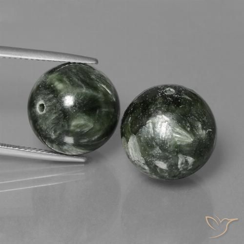 2 Seraphinites Sphère / Boule assorties de 14,1mm, poids total de 38,64 ct / moyenne de 19,32 ct chacune, Vert multicolore à pureté Opaque , pierre gemme naturelle Non traité, dureté Mohs de 2 à 4, Photo A