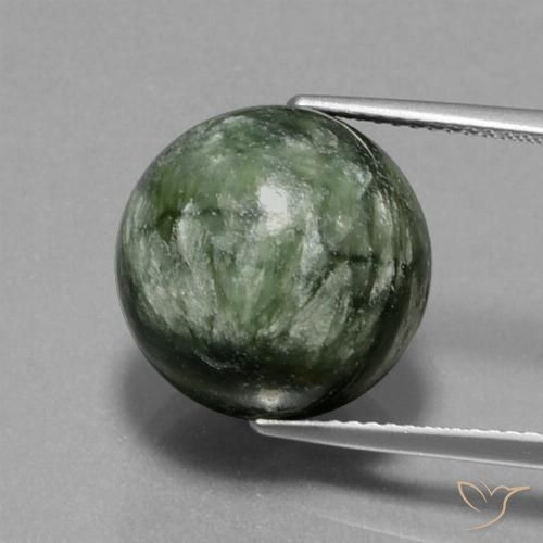 Seraphinite Vert terreux Sphère / Boule 19,22 ct De Russie, Dimension 14,2mm, Pierre gemme naturelle Non traité, pureté Opaque , 1 pièce Seraphinite drilled sphere, dureté de Mohs de 2 à 4, Photo A