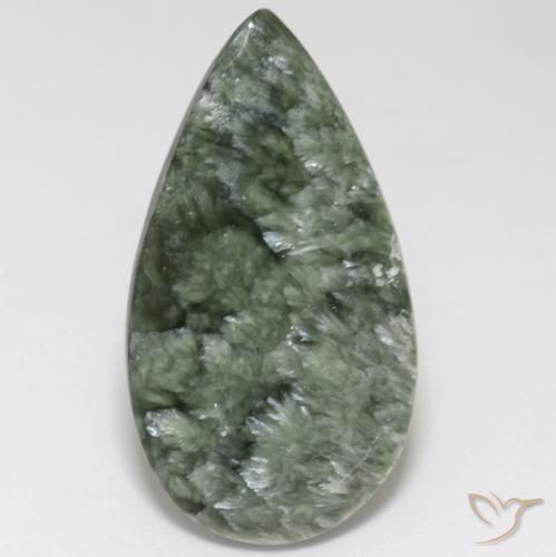 33,3 x 18,2mm Serafinite verde Cabochon pera dalla Russia, peso di 15,14 ct, pietra preziosa naturale non trattati in purezza Opaque, Serafinite 1pz - il colore è Verde terroso, durezza Mohs di 2 - 4, Photo A