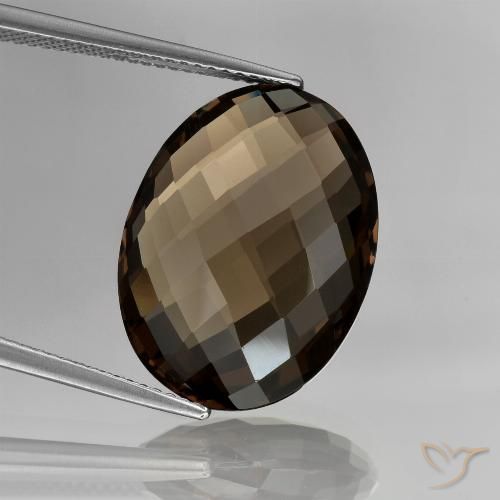13.61ct Oval Checkerboard (double Sided) Brown Smoky Quartz from Brazil, Dimension 20.2 x 15.1mm, Natural untreated Gemstone, VVS Clarity, 1 piece Smoky Quartz in Dark Brown Color, Mohs Hardness of 7 suitable for daily wear jewelry, Photo A