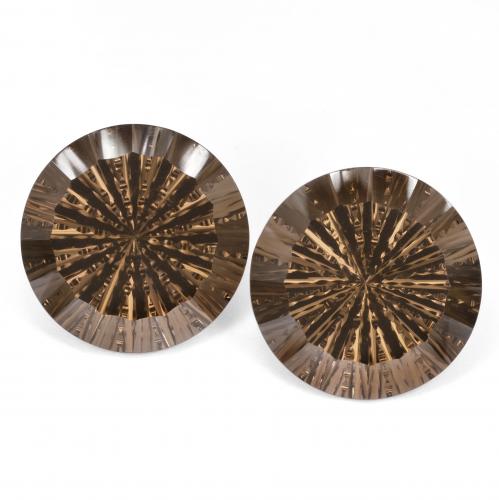 2pc Matching Round Brown Smoky Quartzs in Size 18.2mm, Weight 35.38ct total / avg. 17.69ct each, Brown in VVS Clarity, Natural untreated Gemstone, Mohs Hardness 7 suitable for daily wear jewelry, Photo A