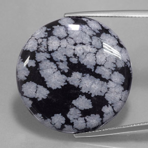 27.54 ct Black Snowflake Obsidian Gemstone, Snowflake Obsidian Gem in Round Cabochon Shape for Sale.