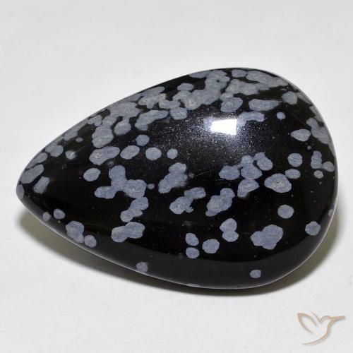 Obsidienne flocon de neige poire 27,45 ct, 30,4 x 21 mm d'Inde, Photo A