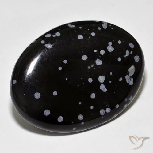37.96 ct Black Snowflake Obsidian Stone, Natural Snowflake Obsidian in Oval Cabochon Shape for Sale