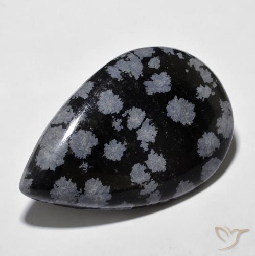 Obsidienne flocon de neige poire 27,42 ct, 33 x 21,3 mm d'Inde, Photo A