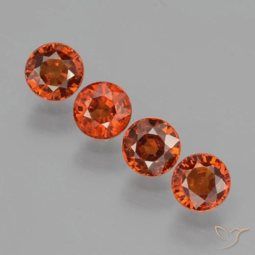 Lot de 4pcs Grenat Spessartites Rouge du Mozambique - Poids total 2,18 ct / moyenne 0,55 ct chacune, taille 4,4mm, couleur : Rouge ambré profond, dureté de Mohs 6.5 à 7.5 convient aux bijoux de tous les jours, pierre de sagesse, Photo A