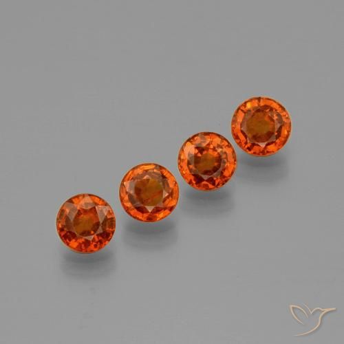Lot de 4pc Grenat Spessartites Orange round facet du Mozambique - Poids total 2,38 ct / moyenne 0,6 ct chaque, taille 4,7mm, couleur : Orange foncé, dureté de Mohs 6.5 à 7.5 convient aux bijoux de tous les jours, pierre de sagesse, Photo A