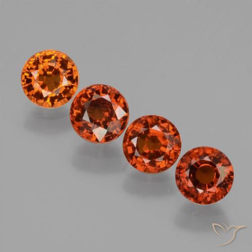 4 Stück 5,1mm runder Spessartin-Granat / Set - 3,04 ct Gesamtgewicht / Durchschn. je 0,76 ct, Farbe: Tiefrot, Mohs-Härte 6,5 - 7,5 Geeignet für den täglichen Gebrauch im Schmuck, Photo A
