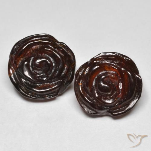 2pc Matching Flower Cut Brown Spessartite Garnets in Size 13x12.7 mm, Weight 24.69ct total / avg. 12.35ct each, Reddish Brown in Translucent Clarity, Natural untreated Gemstone, Mohs Hardness 6.5 - 7.5 suitable for daily wear jewelry, Photo A