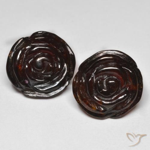 2pc Matching Flower Cut Brown Spessartite Garnets in Size 15.2x14.6 mm, Weight 36.26ct total / avg. 18.13ct each, Medium-dark Brown in Translucent Clarity, Natural untreated Gemstone, Mohs Hardness 6.5 - 7.5 suitable for daily wear jewelry, Photo A