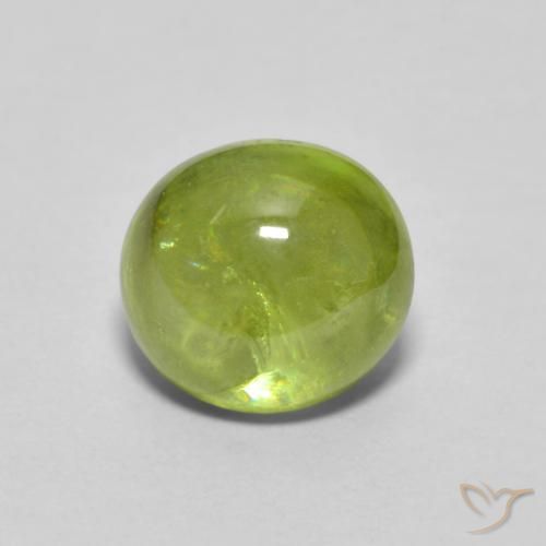 Sphène Vert Ovale 7,2 x 6,6mm du Sri Lanka, poids de 1,9 ct, pierre gemme naturelle Non traité de pureté Transparent, 1 pièce de sphène oval cabochon, couleur : Vert jaunâtre vif, dureté de Mohs de 5 à 5.5, Photo A