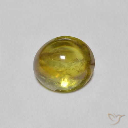 Sphène Vert oval cabochon 6,3 x 5,8mm du Sri Lanka, poids de 1,23 ct, pierre gemme naturelle Non traité de pureté Transparent, 1 pièce de sphène, couleur : Vert chaud, dureté de Mohs de 5 à 5.5, Photo A