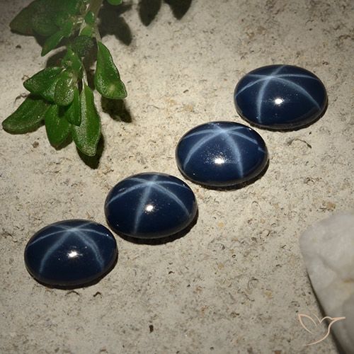 4-teiliges Set ovaler blauer Sternsaphir aus Thailand - Gewicht 3,27 ct gesamt / Durchschn. je 0,82ct, Größe 6,8 x 5mm, Farbe: Tiefes Marineblau, Mohs-Härte 9 Geeignet für den täglichen Gebrauch im Schmuck, Photo A