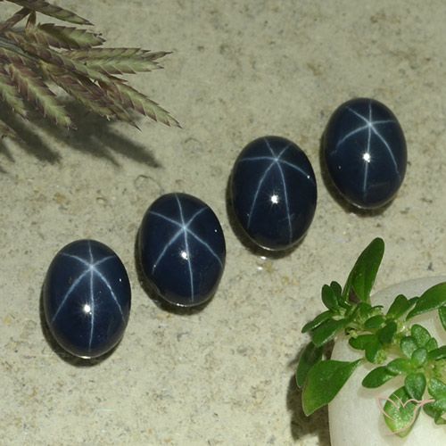 4 Stück/Set ovaler blauer Sternsaphir aus Thailand - Größe 6,9 x 5mm, Gewicht 5,69 ct gesamt / Durchschn. je 1,42 ct, Mohs-Härte 9 Geeignet für den täglichen Gebrauch im Schmuck, Photo A