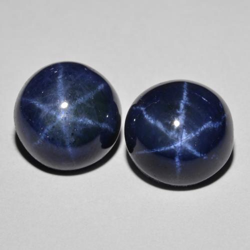 2pc Matching Round Blue Star Sapphires in Size 9mm, Weight 9.47ct total / avg. 4.74ct each, Dark Blue in Opaque Clarity, Natural Gemstone, Mohs Hardness 9 suitable for daily wear jewelry, Photo A