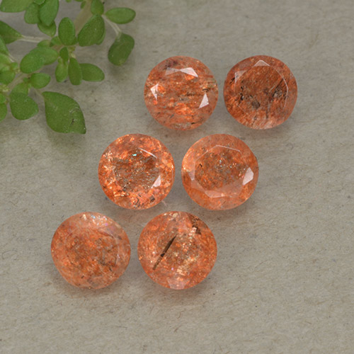 Lot of 6pc Round Orange Sunstone from India - Size 5.2mm, Weight 3.16ct total / avg. 0.53ct each, Color: Grapefruit Orange, Mohs Hardness 6 - 6.5, Photo A
