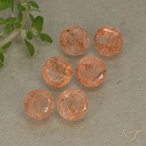 Lot of 6pc Round Facet Orange Sunstone from India - Size 5.1mm, Weight 3.45ct total / avg. 0.58ct each, Color: Grapefruit Orange, Mohs Hardness 6 - 6.5, Photo A
