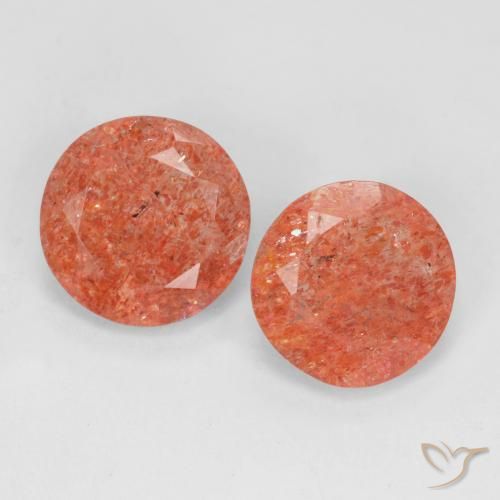 Matching Pair of 8mm Round Facet Red Sunstone, Weight of 3ct total / avg. 1.5ct each, Matching Sunstone Pair in Translucent Clarity in Medium Red Color, Natural untreated gemstone, Mohs Hardness 6 - 6.5, Photo A