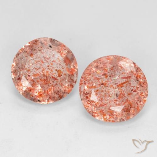 Par de Piedra del Sol Circular a juego de 8,1mm - Peso 3,05 ct en total / promedio. 1,53 ct cada uno, piedra preciosa natural No tratado, color Naranja durazno con claridad Translúcido, dureza Mohs 6 - 6.5, Photo A