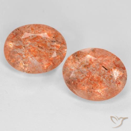 2 pezzi Eliolite o pietra del sole taglio ovale abbinati di dimensioni 9,9 x 8mm, peso 4,3 ct totali / media. 2,15 ct ciascuno, Pompelmo Arancia in purezza Transparent, pietra preziosa naturale non trattati, durezza Mohs 6 - 6,5, Photo A