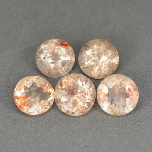 Lot of 5pc Round Facet Orange Sunstone from India - Size 5.2mm, Weight 2.7ct total / avg. 0.54ct each, Color: Light Orange, Mohs Hardness 6 - 6.5, Photo A