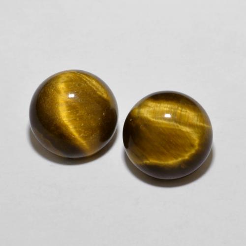 Matching Pair of 10mm Round Cabochon Brown Tiger's Eye, Weight of 7.83ct total / avg. 3.92ct each, Matching Tiger's Eye Pair in Opaque Clarity in Medium Brown Color, Natural untreated gemstone, Mohs Hardness 6.5 - 7 suitable for daily wear jewelry, Photo A