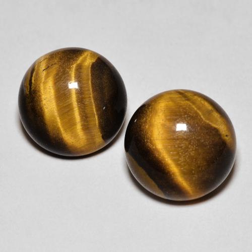 10mm Matching Round Tiger's Eye Pair - Weight 7.94ct total / avg. 3.97ct each, Natural untreated Gemstone, Golden Brown Color in Opaque Clarity, Mohs Hardness 6.5 - 7 suitable for daily wear jewelry, Photo A