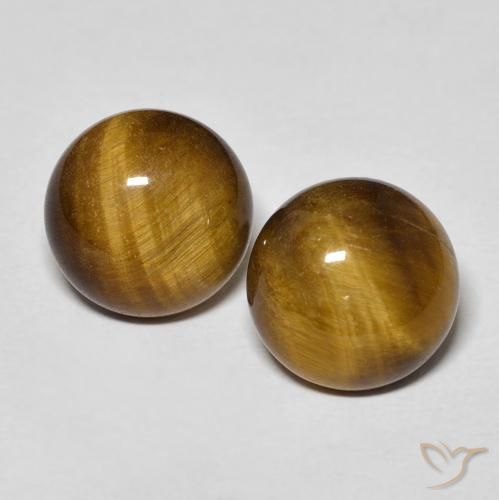 Matching Pair of 9.9mm Round Cabochon Brown Tiger's Eye, Weight of 7.57ct total / avg. 3.79ct each, Matching Tiger's Eye Pair in Opaque Clarity in Medium Brown Color, Natural untreated gemstone, Mohs Hardness 6.5 - 7 suitable for daily wear jewelry, Photo A