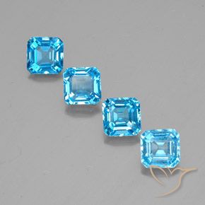 4 Stück/Set octagonschliff blauer Topas aus Brasilien - Größe 7 x 6,9mm, Gewicht 8,31 ct gesamt / Durchschn. je 2,08 ct, Mohs-Härte 8 Geeignet für den täglichen Gebrauch im Schmuck, Sternzeichen Schütze, Photo A