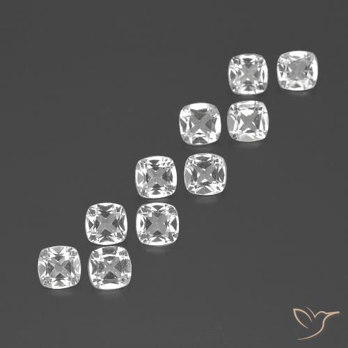 10 Stück/Set kissenschliff weißer Topas aus Brasilien - Größe 4,6 x 4,6mm, Gewicht 4,53 ct gesamt / Durchschn. je 0,45 ct, Mohs-Härte 8 Geeignet für den täglichen Gebrauch im Schmuck, Der Goldener Stein, Photo A